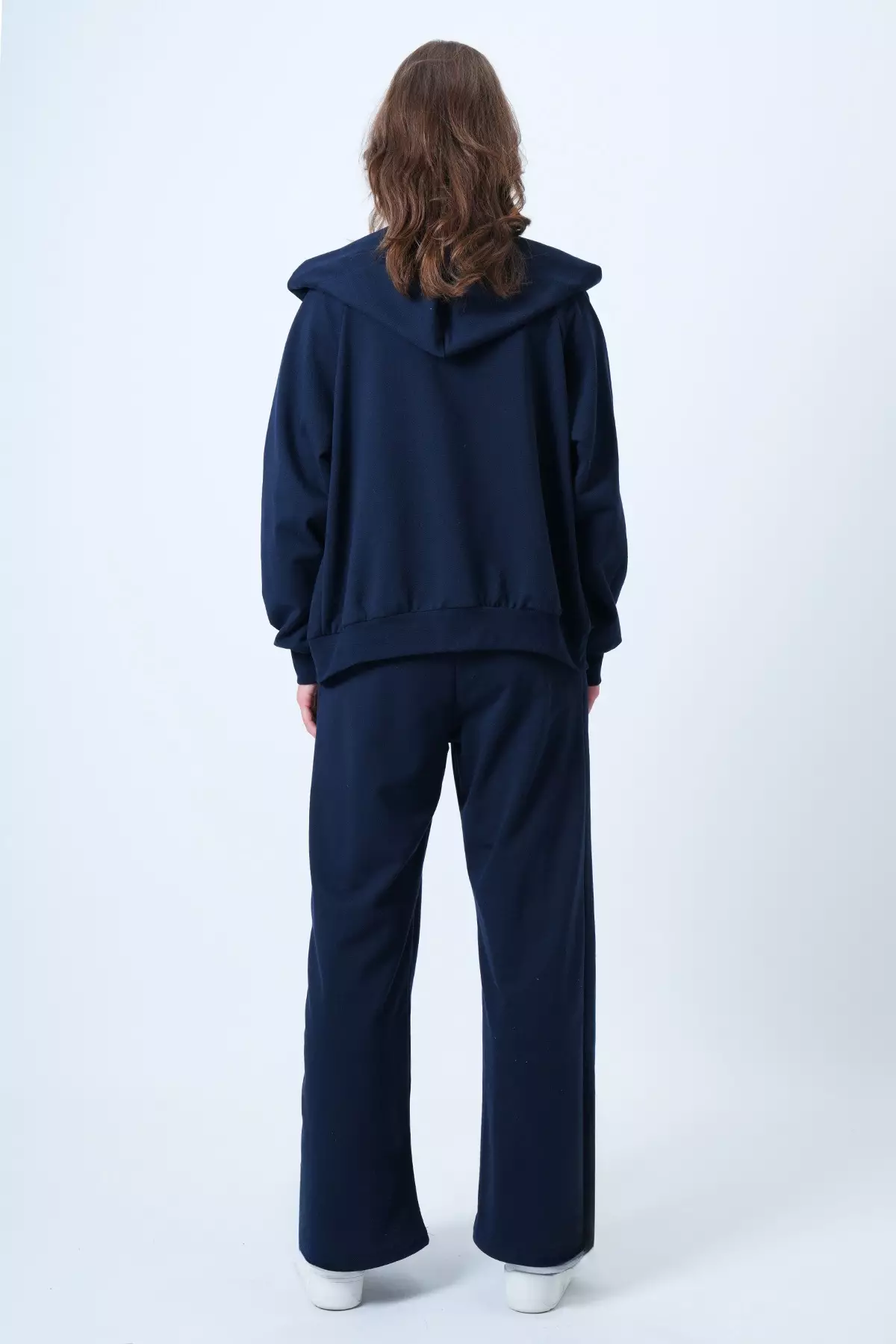 Women'S Navy Blue Hooded Zipper Jacket And High Waist Wide Leg Pants Set Alc-X14606