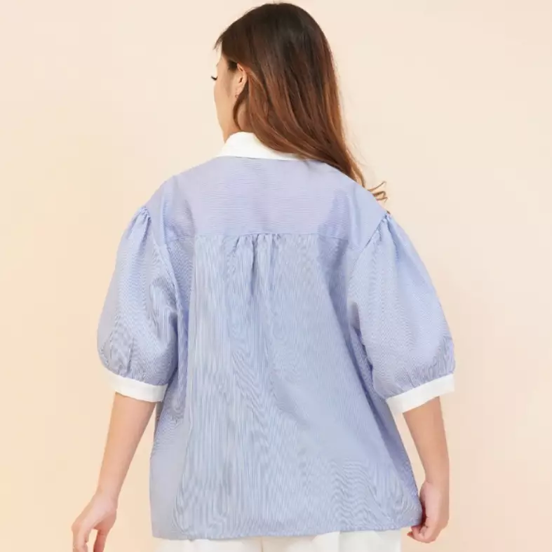 Stacie Solid Collar Stripe Shirt Love Button in Blue