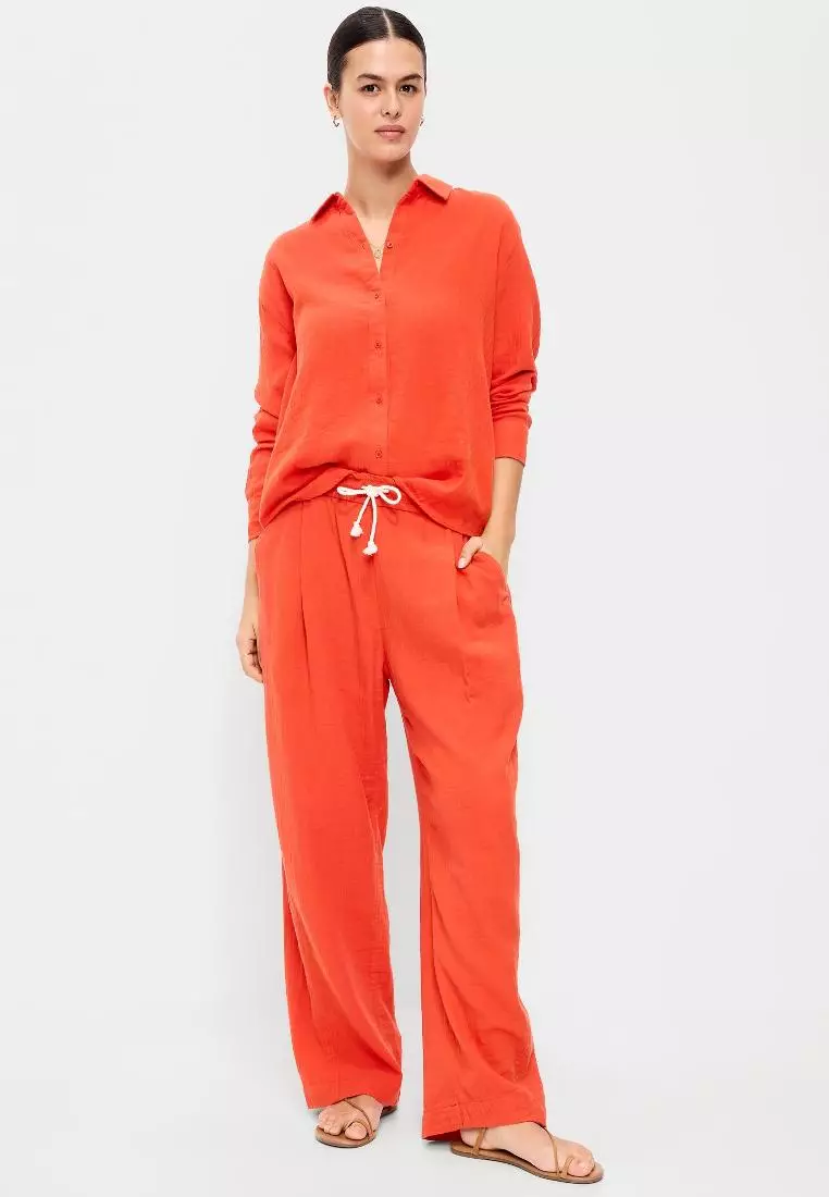 High-Waisted Crinkle Gauze Wide-Leg Barrel Pants