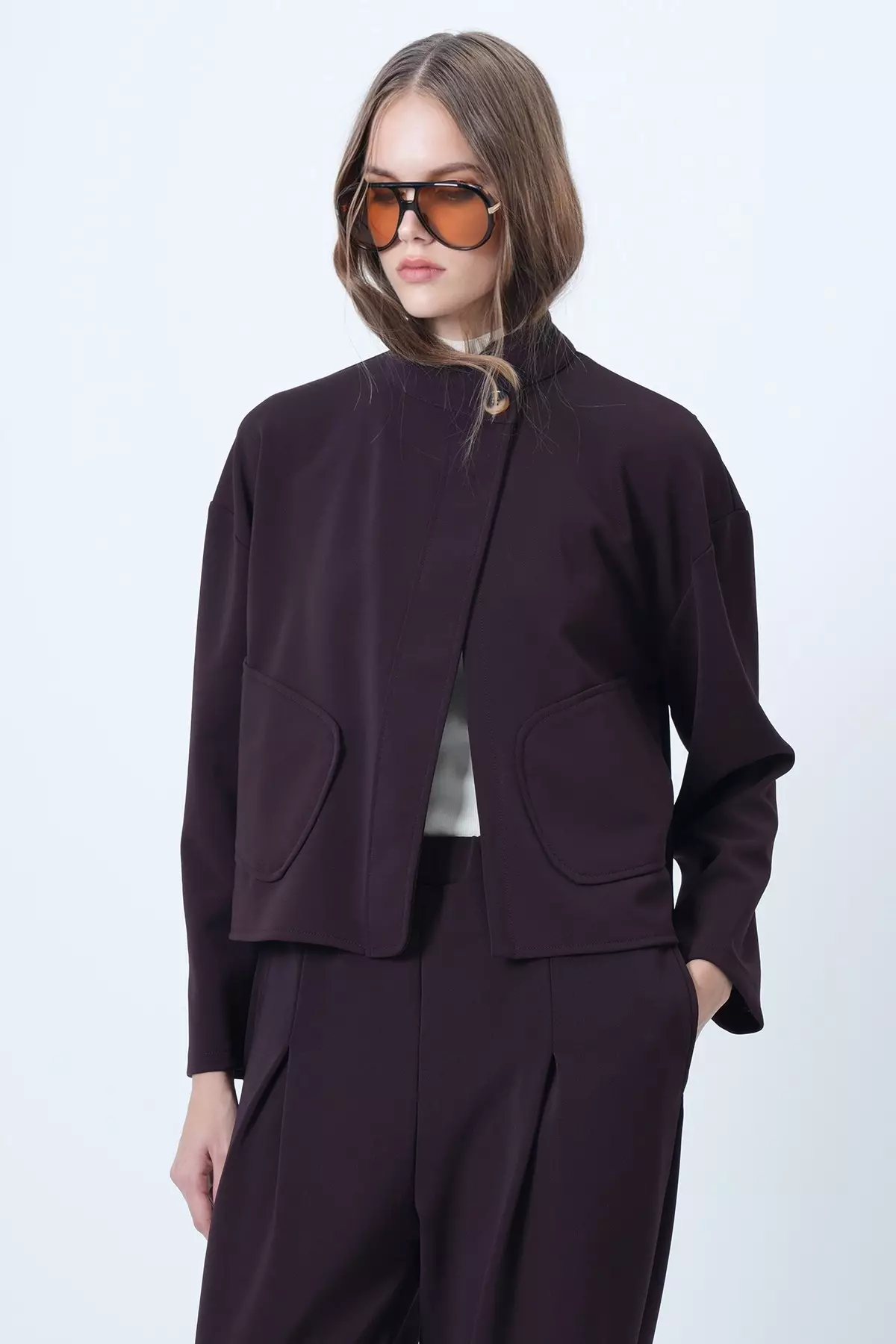 Women'S Plum Judge Collar Poncho Jacket With Pocket Alc-X14421