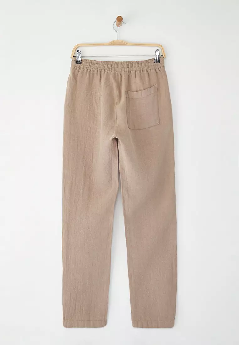 Beige Limited Edition 100% Linen Regular Fit Trousers  TMNSS24PL00018