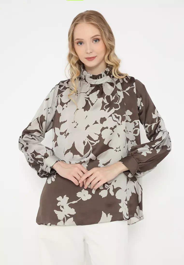 Ruffle Floral Blouse Satin in Brown By Brilliant Girl Warna COKLAT