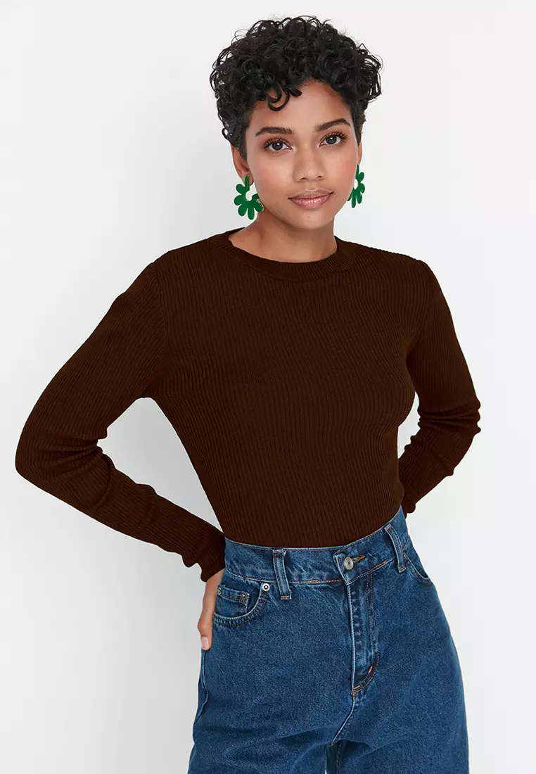 Brown Basic Ribbed Knit Sweater