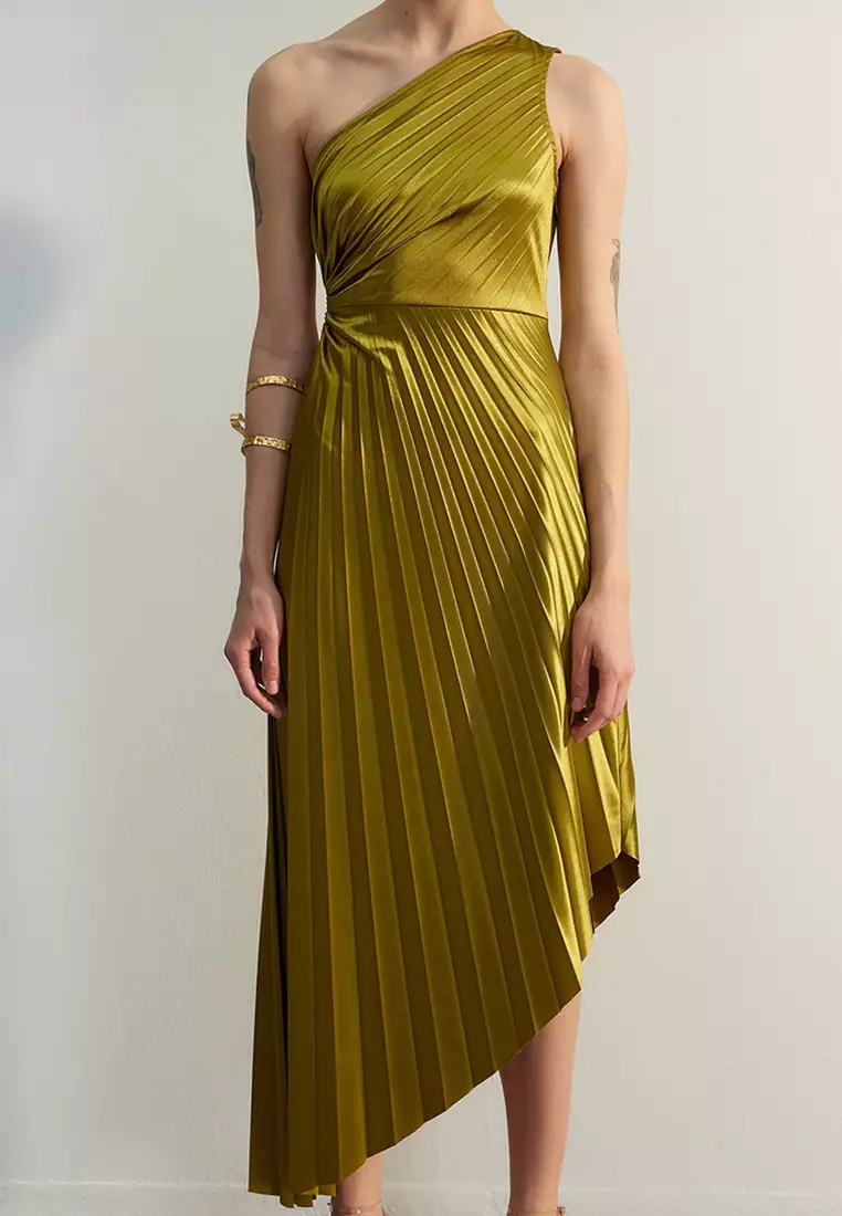 Asymmetric Pleated Detailed Satin Elegant Evening Dress