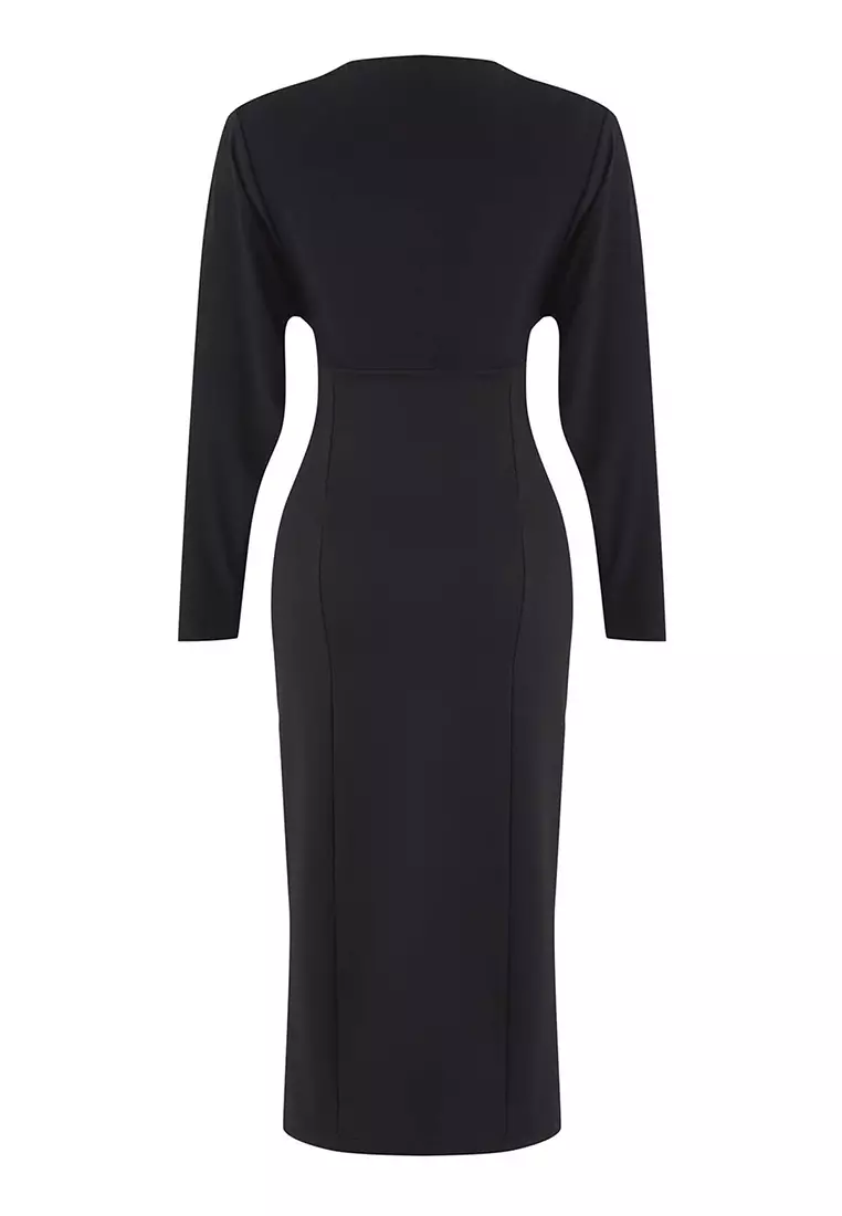 Black Plain Top Flowy Bodycon Midi Knit Dress
