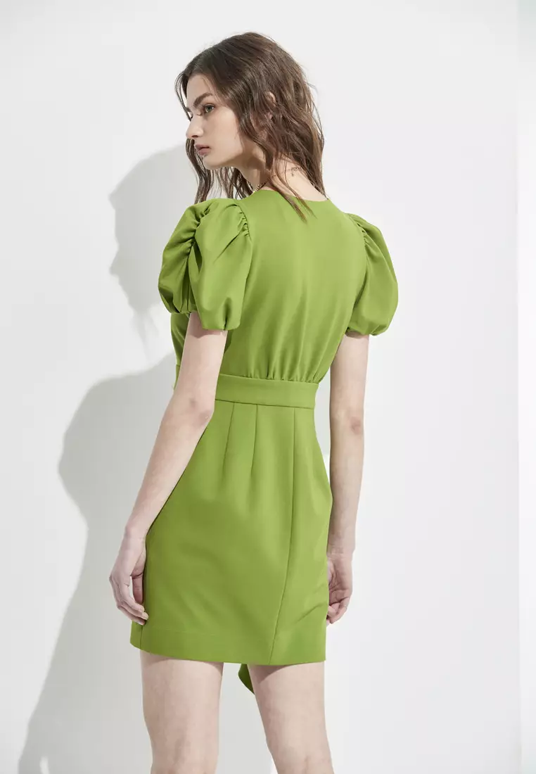 V-Neck Fitted Short Dress With Ruffle Detail