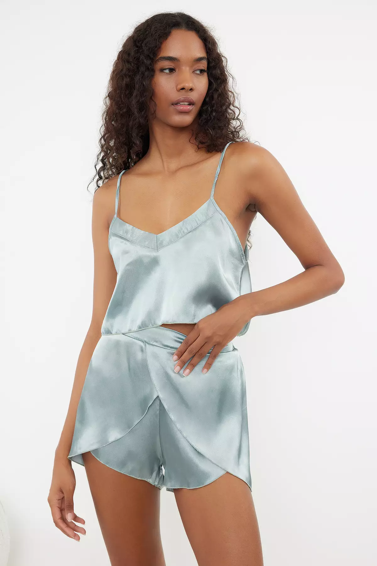 Mint Satin Rope Suspender Shorts Woven Pajama Set THMSS23PT00097