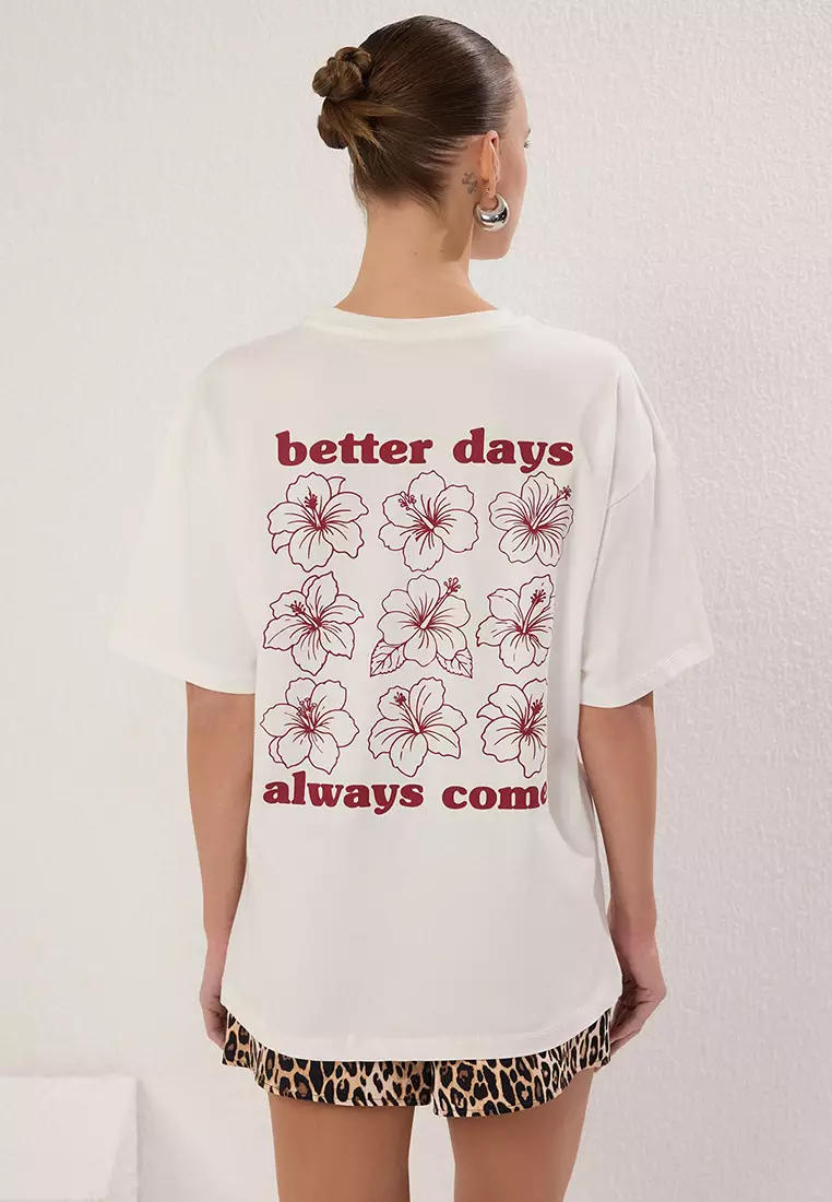 Ecru 100% Cotton Oversize/Wide Pattern Front Back Printed Knitted T-Shirt Twoss25Ts00059