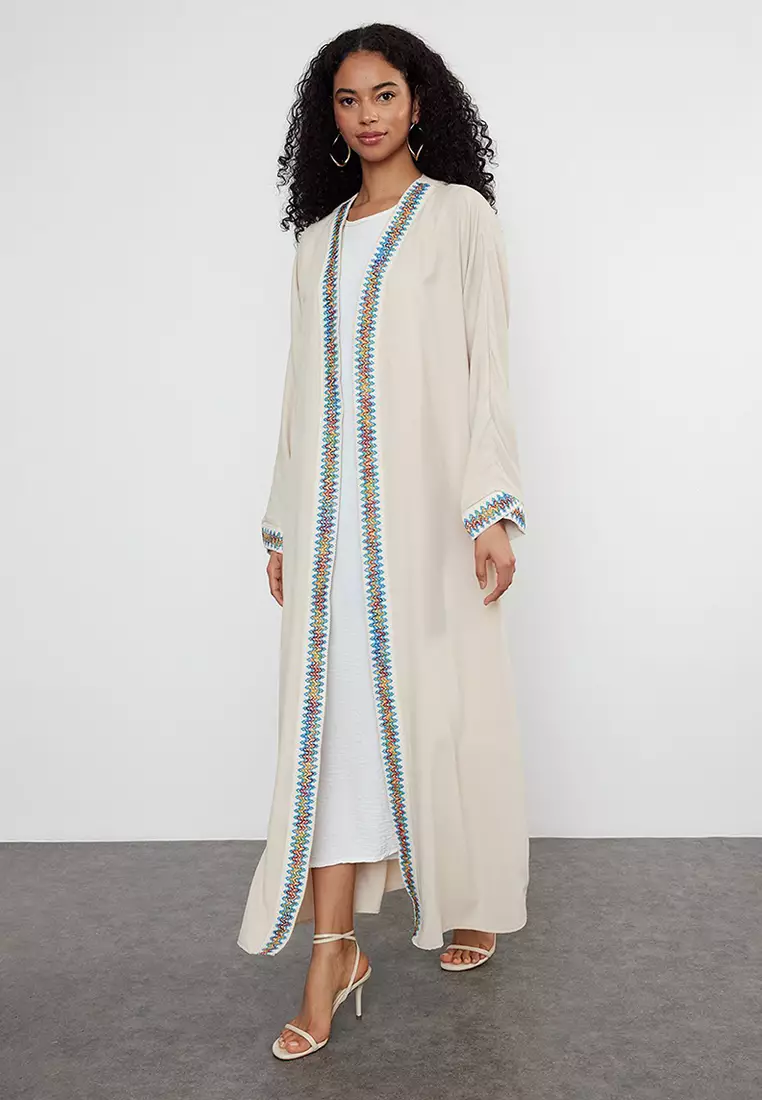 Stone Piping Detailed Woven Cape & Abaya & Kimono TCTSS24KF00033