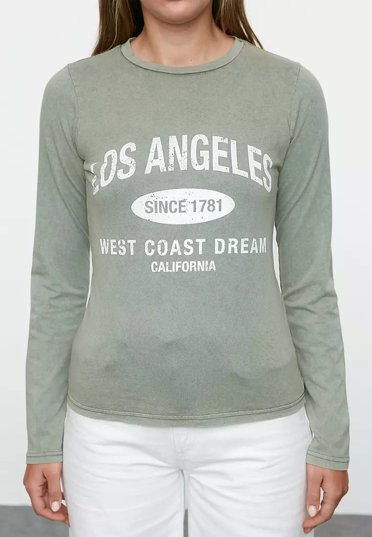 Khaki Slogan Long Slim T-Shirt