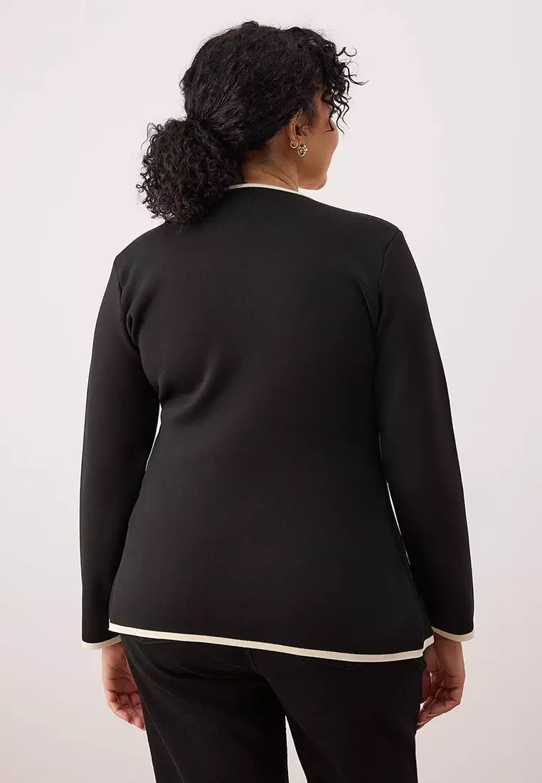 Black Piping Detailed Asymmetrical Cut Knitwear Jacket-Look Cardigan Tbbaw26Av00000