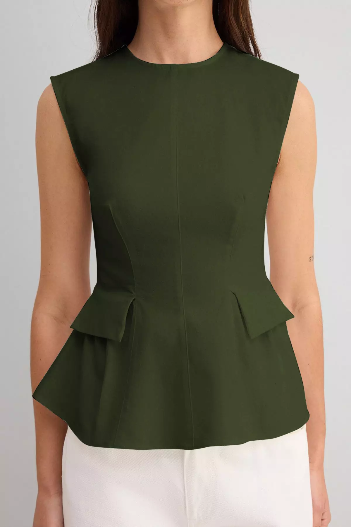 Khaki Cotton Gabardine Peplum Pocket Detail Woven Blouse Twoss25Bz538