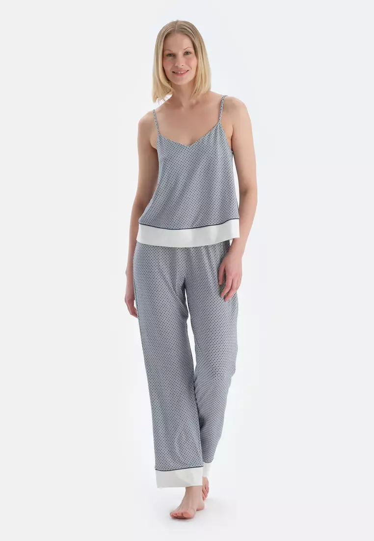 Navy Tanktop & Trousers, Geometric, V-Neck, Regular, Long Leg, Strappy Sleepwear for Women