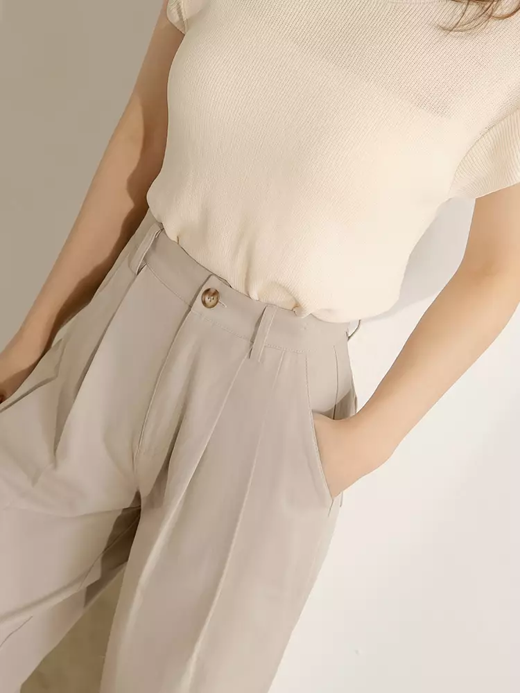 Cotton Waist-Defining Pleated Slim Straight Pants [BA7454]