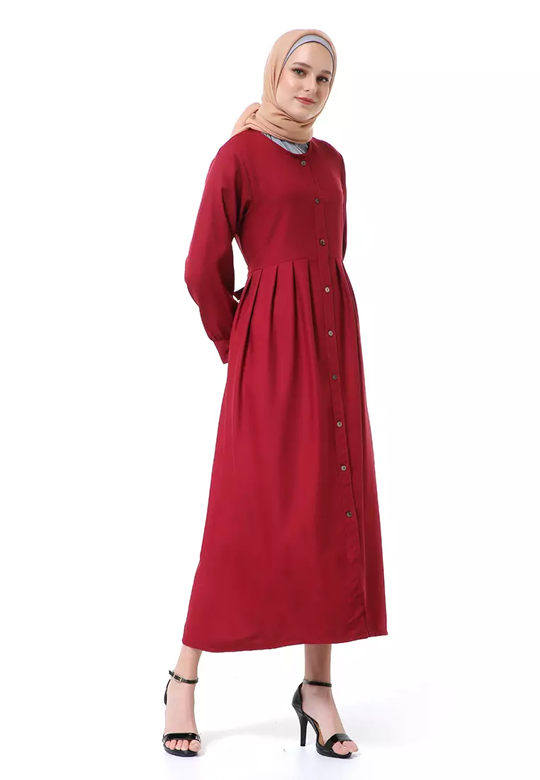 Kiyah Dress Button Muslimah Atasan Wanita Long Sleeve Premium Quality - Maroon