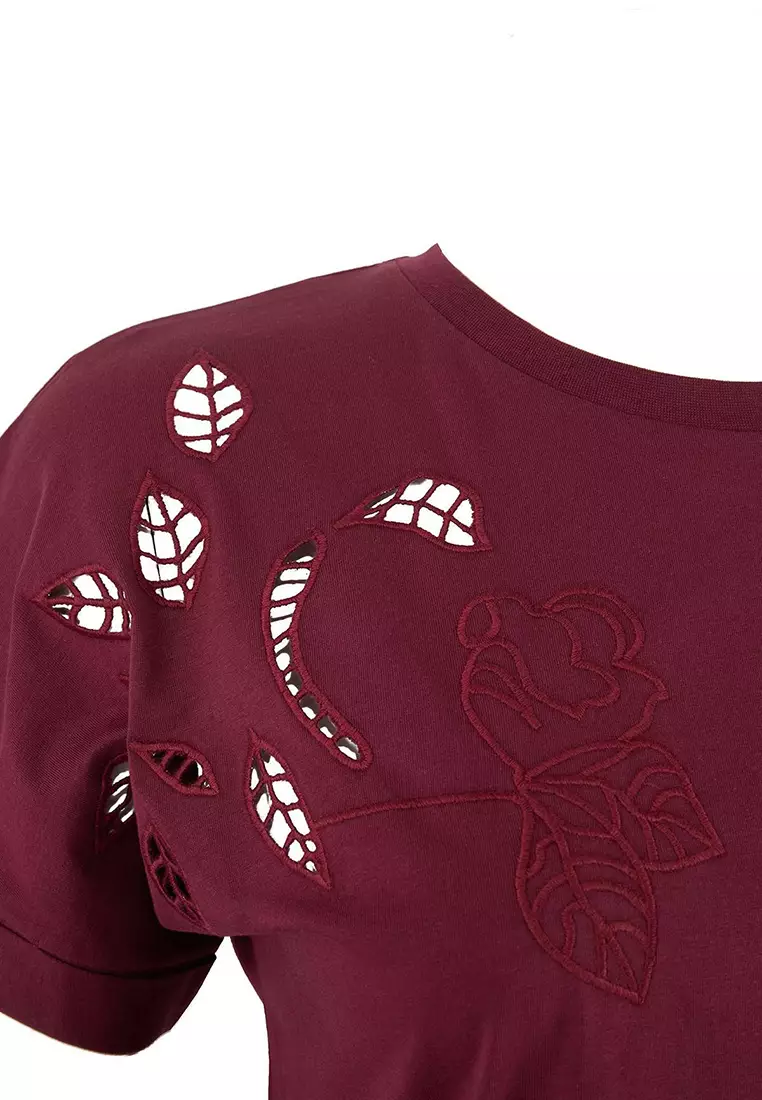 Burgundy Embroidery Detailed Basic 100% Cotton Knitted T-Shirt Tbbss24Bf00055