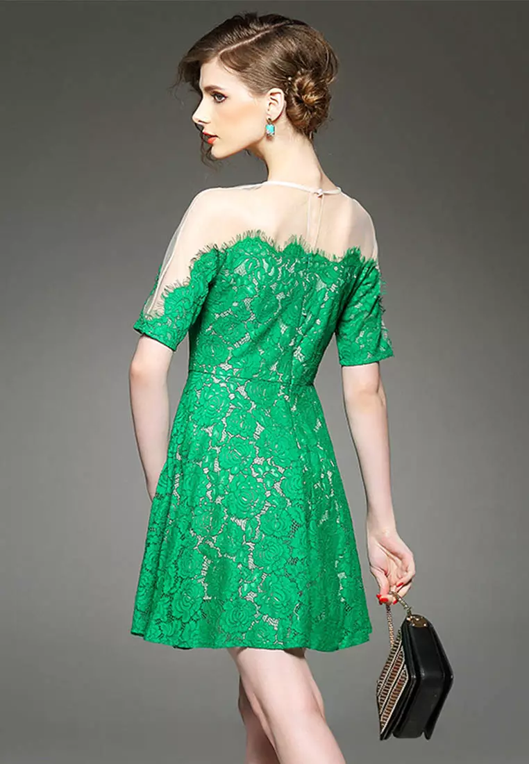 Green Lace See Through Shoulder One Piece Dress K200414