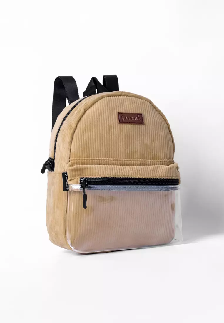 Tas Ransel Wanita Bahan Corduroy Penutup Resleting Celine Series Coklat Muda