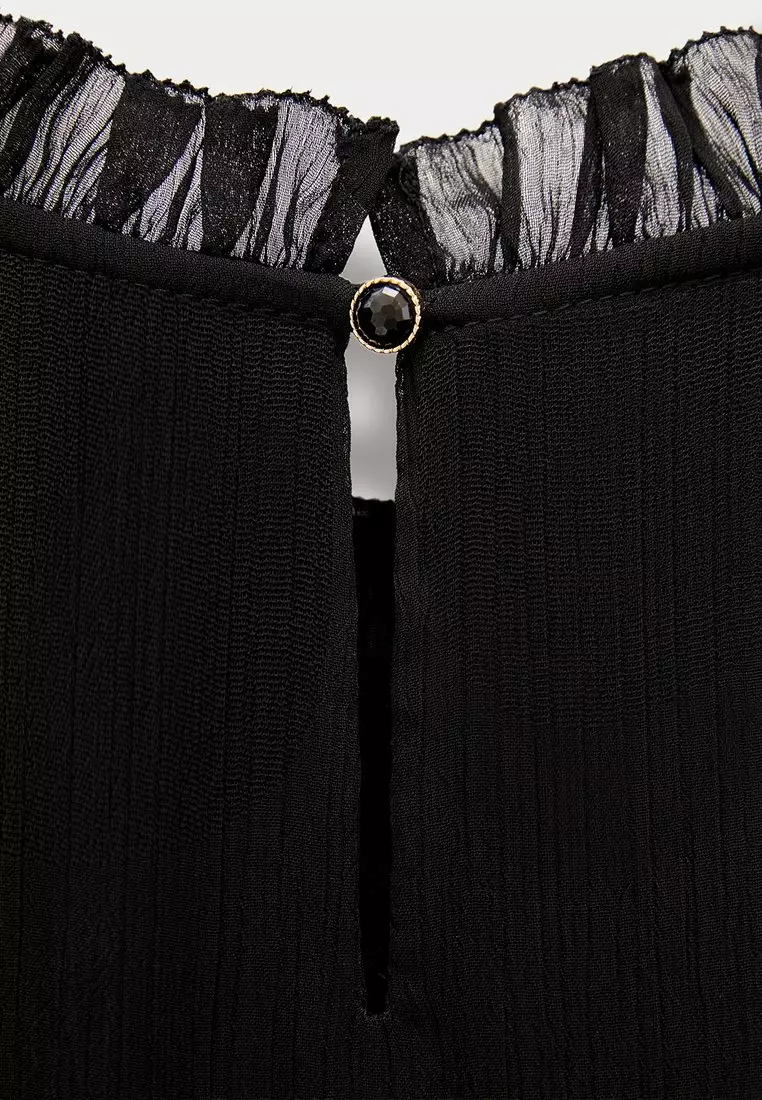 Ruffle Yoke High Neck Blouse - Black