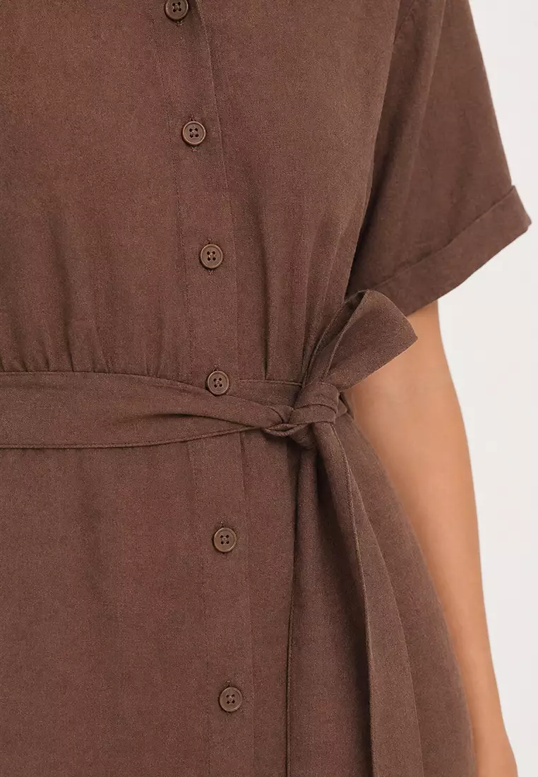 Shirt Collar Belted Short Sleeve Red Midi Summer Dress F2113Ax25Sm