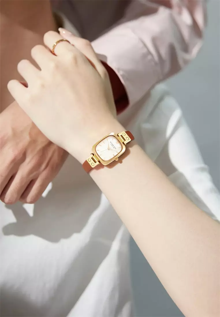 Vivian 22×26mm女士手表 皮革表帶 長方形天然貝母表盤 優雅經典-棕色