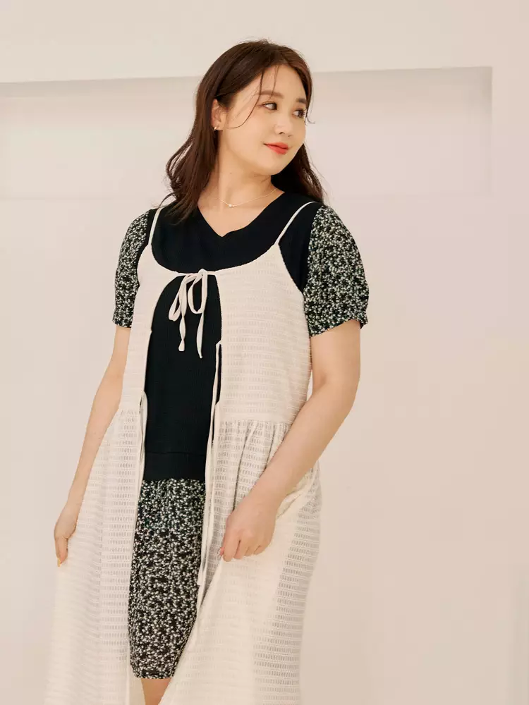 雲朵自訂款-假兩件華夫格V領泡泡袖洋裝《DA10031》