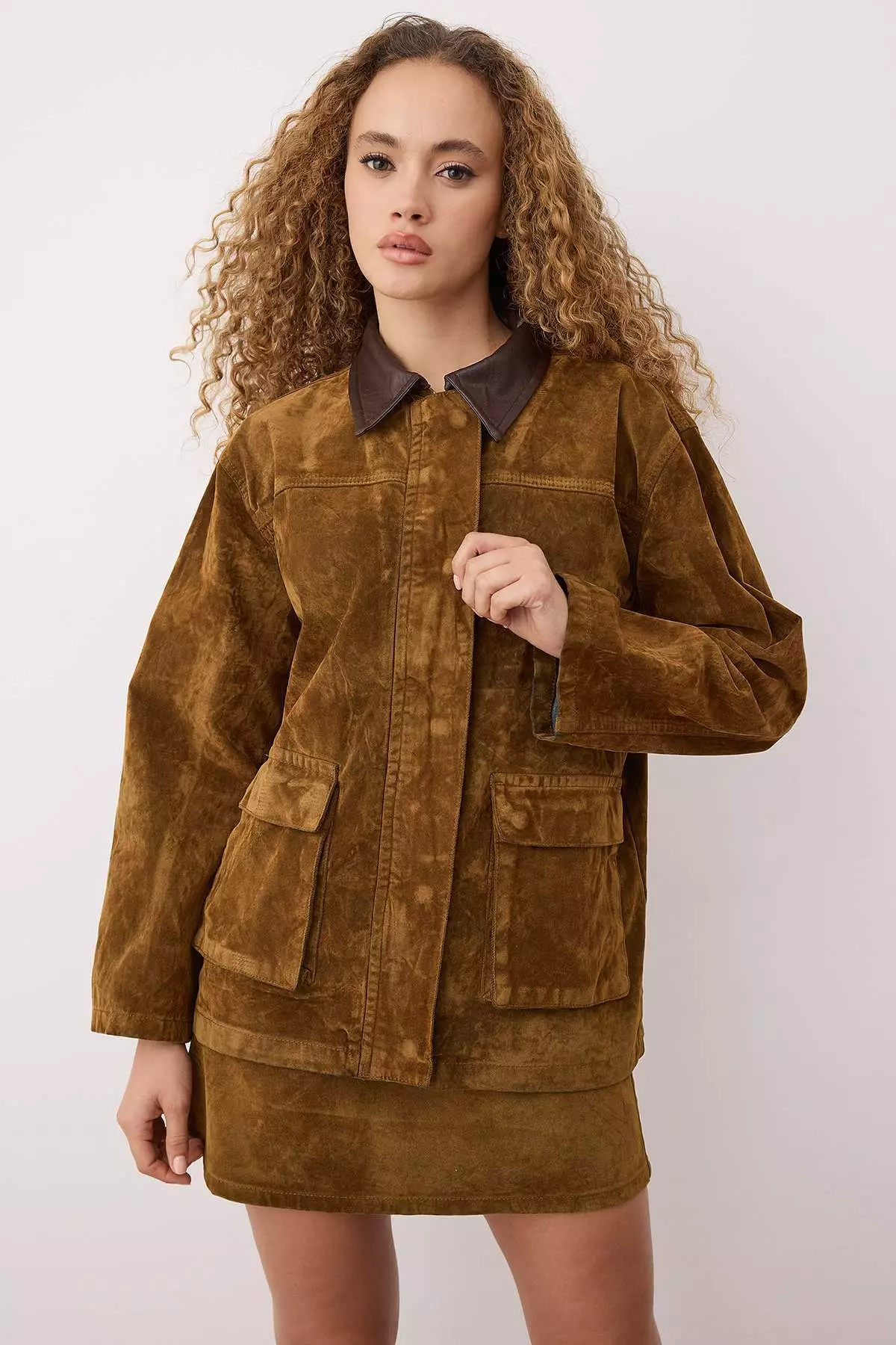 Camel Collar Leather Detailed Suede Look Oversize Denim Jacket