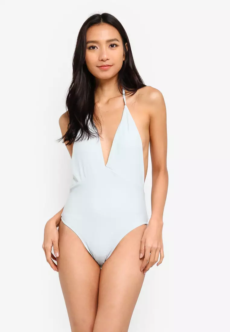 Calvin Klein core logo tape plunge swimsuit in white
