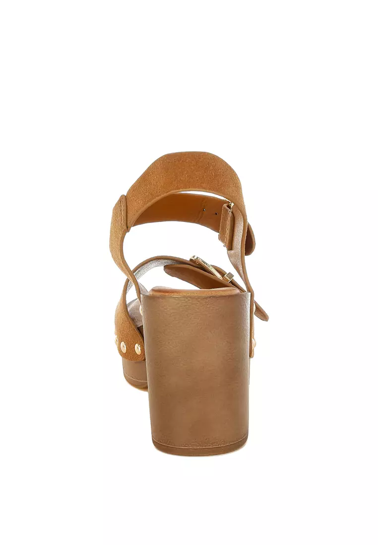Real Suede Leather Clog Sandals In Tan