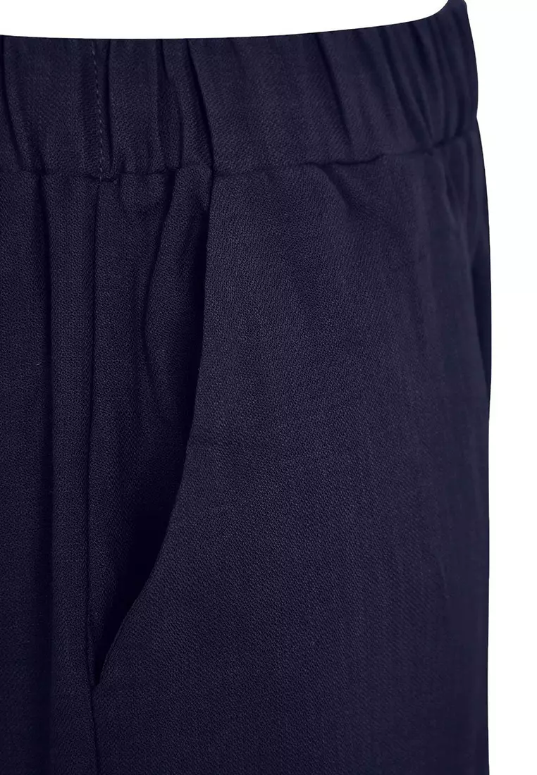 Navy Blue Lace-Up Woven Plus Size Blouse & Shorts Bottom - Top Set Tbbss25Cp00028