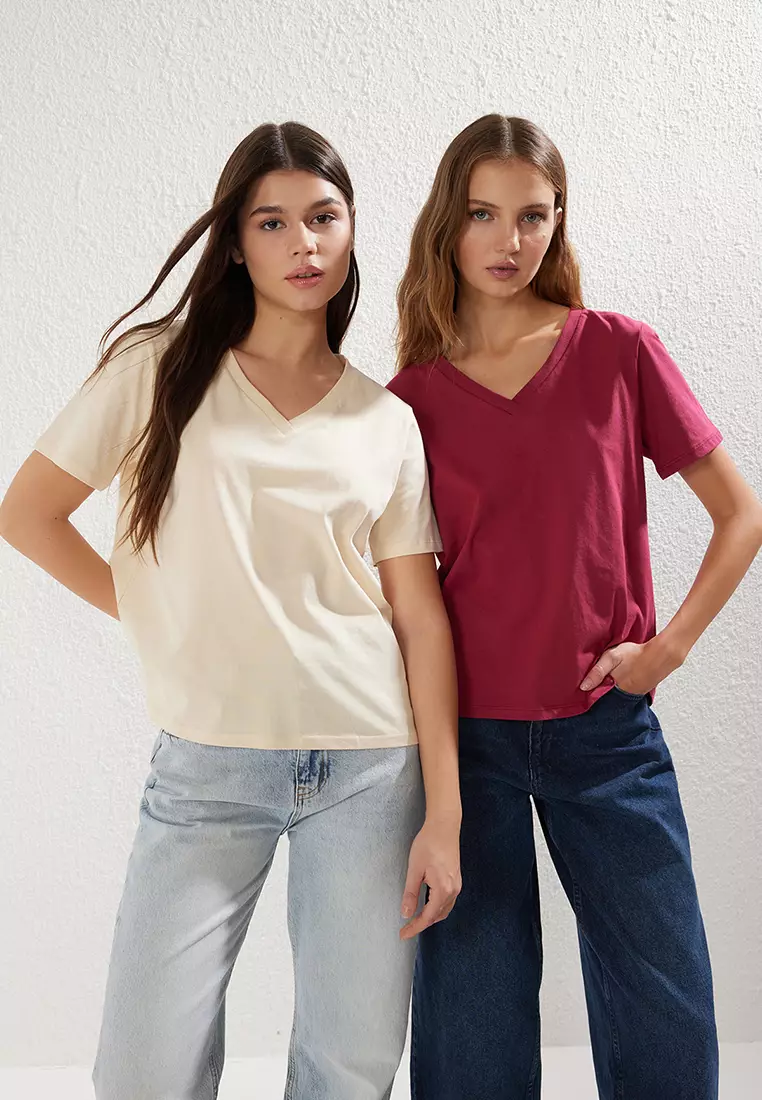 Claret Red-Multicolored 2-Pack Regular Fit Basic V Neck Knitted T-Shirt