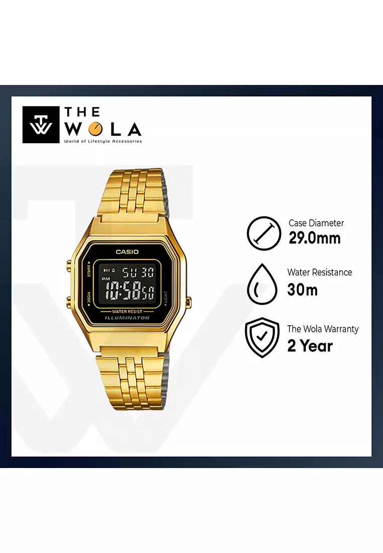 Women's Vintage LA680WGA-1BDF Digital Watch Gold Stainless Steel Band Watch for ladies
