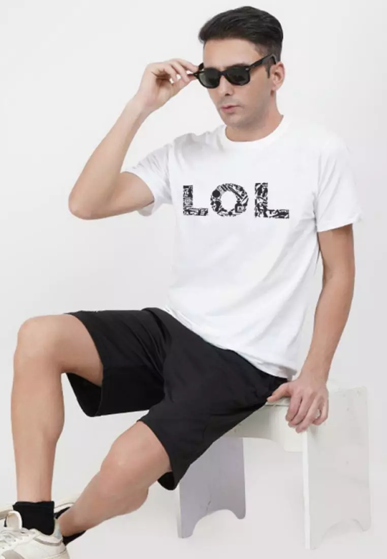 LOL 图案白色棉质短袖标准版型 T 恤
