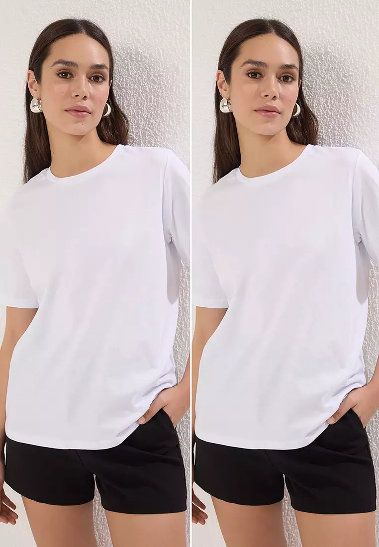 White-White Basic 100% Cotton Crew Neck 2-Pack Knitted T-Shirt Twoss20Ts0141