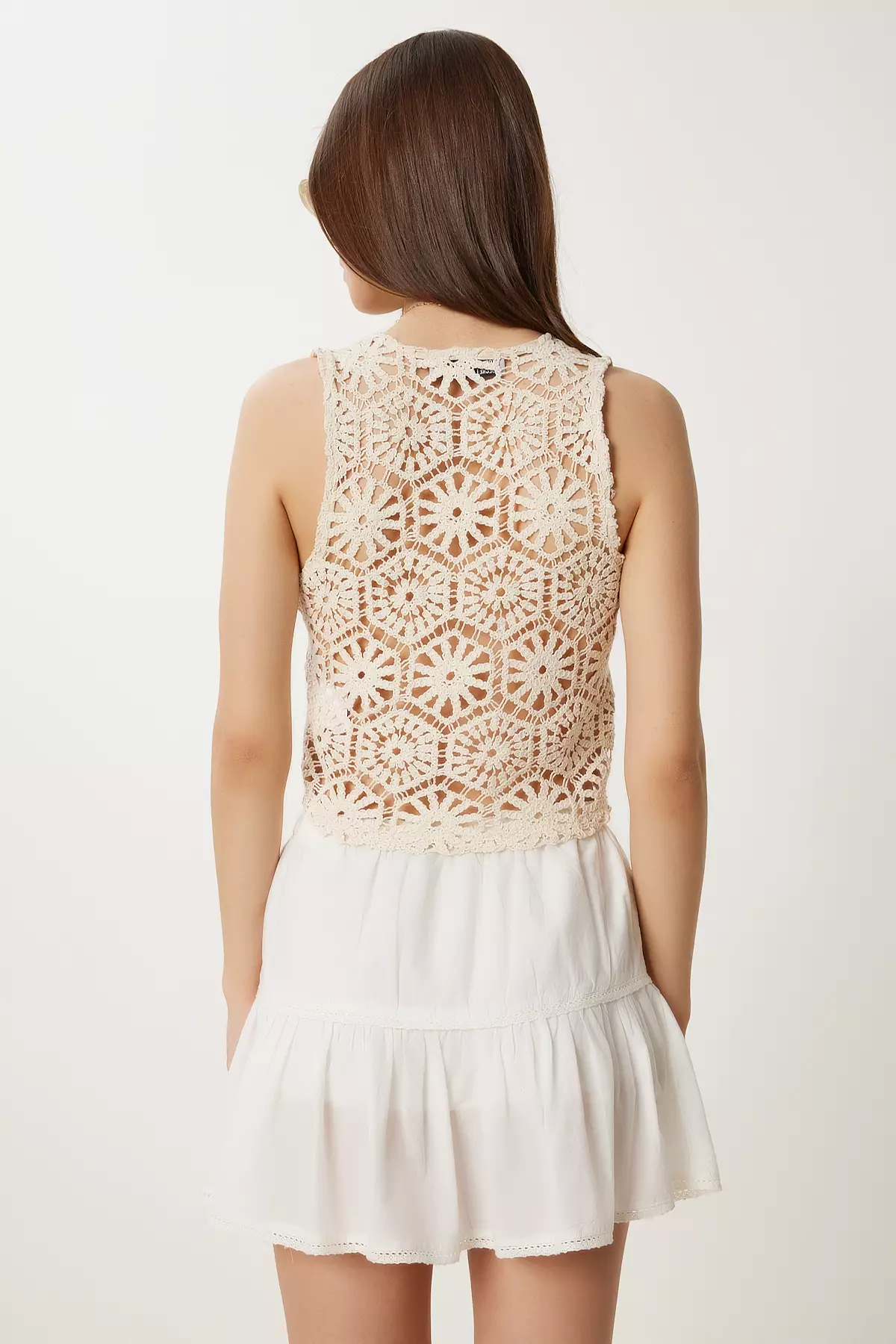 Women's Cream Lace Detailed Linen Vest Ok00072