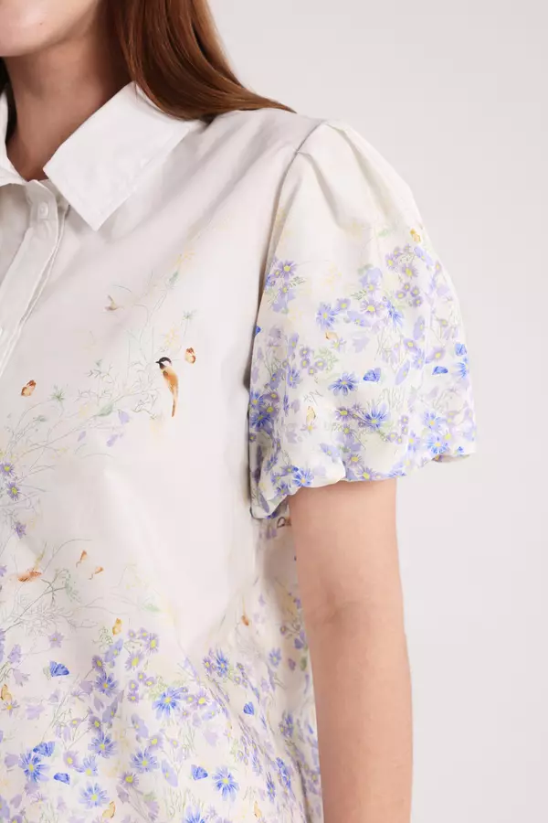 MINIMAL - Rhythm - Kemeja Lengan Puff Motif Bunga  - Off White Colour Offwhite