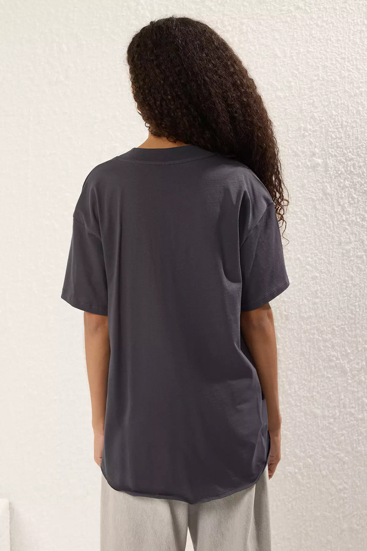 Anthracite 100% Cotton V Neck Oversize/Wide Cut Knitted T-Shirt TWOSS25TS00162