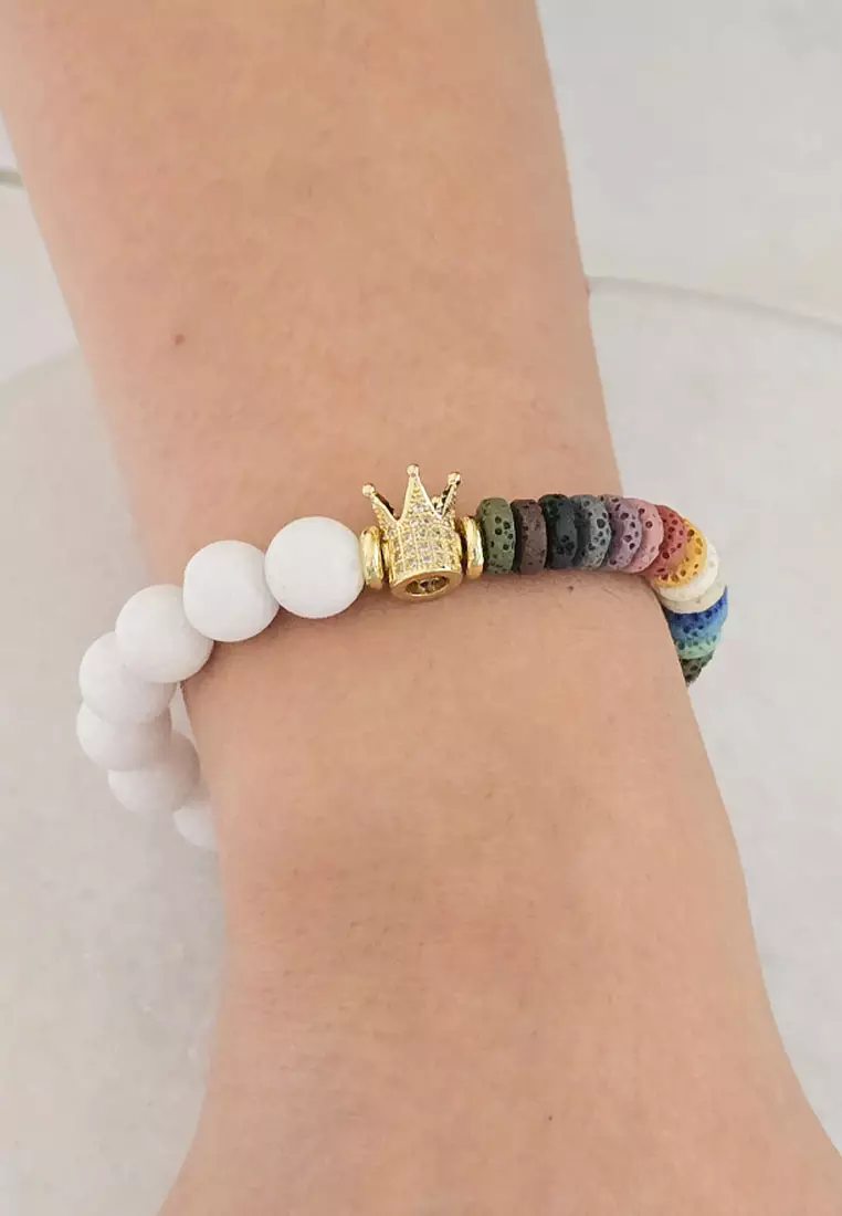 Accessories Wanita Crown Embellished Dyed Lava Beads Macrame Bracelet Gelang Wanita Gold, Multicolour & white