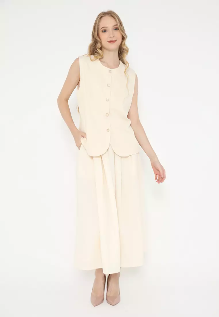 Plain Vest With Rose Button In Cream By Brilliant Girl Warna CREAM