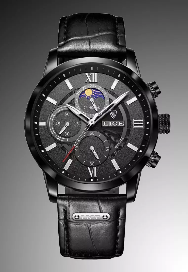 Chronograph, Unisex, IP Black Stainless Steel Quartz Watch 43mm, Black dial, Black Leather Strap