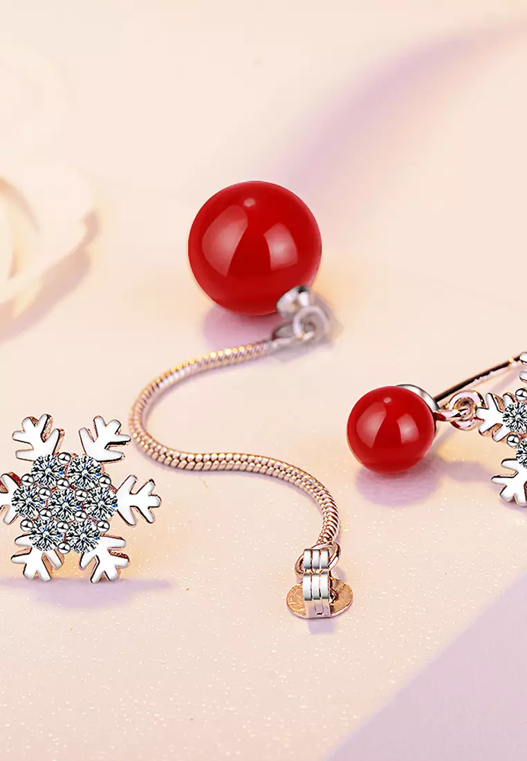 Sparkling Zirconias Snow with Red Pearl Drop Earrings