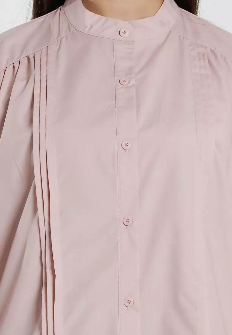 Forest Ladies Front Pleated Blouse Women Plain Long Sleeve Top - 822513-59Lotus Pink