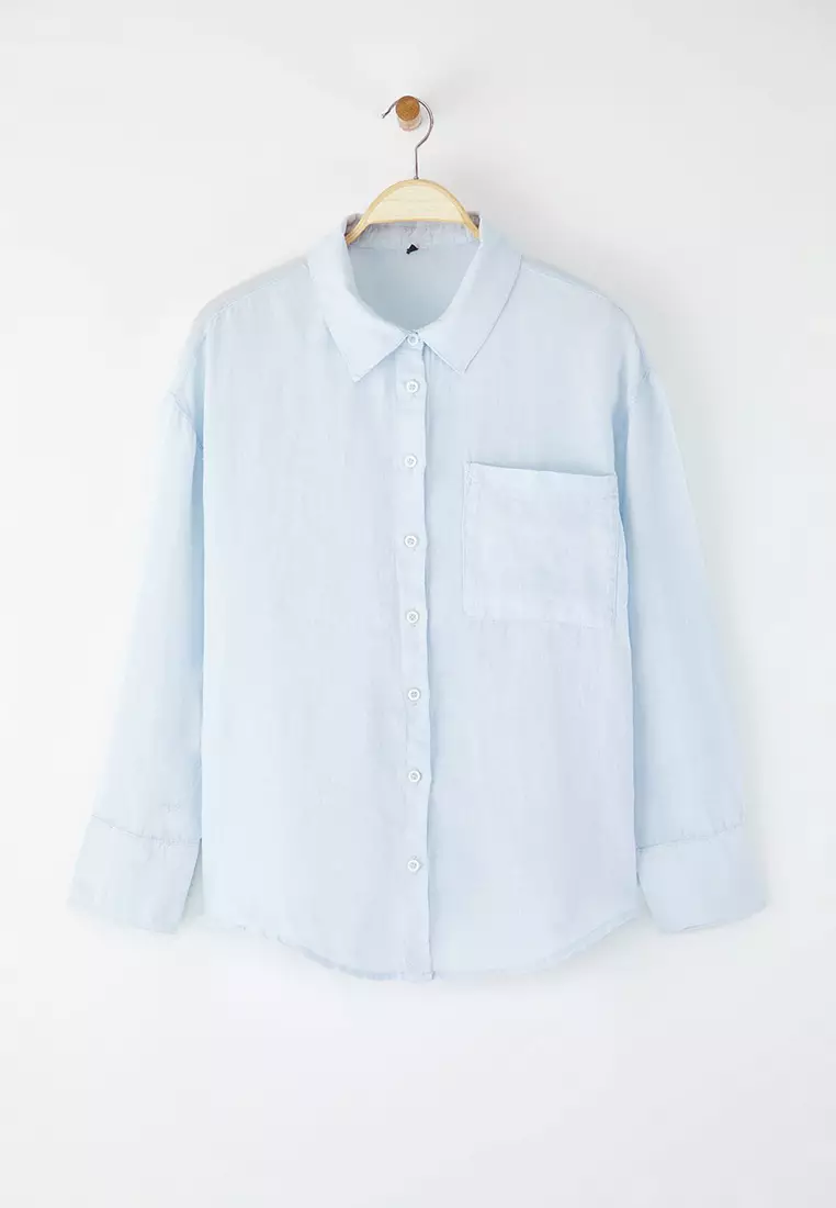 Blue 100% Linen Woven Plus Size Shirt TBBSS25AX00021