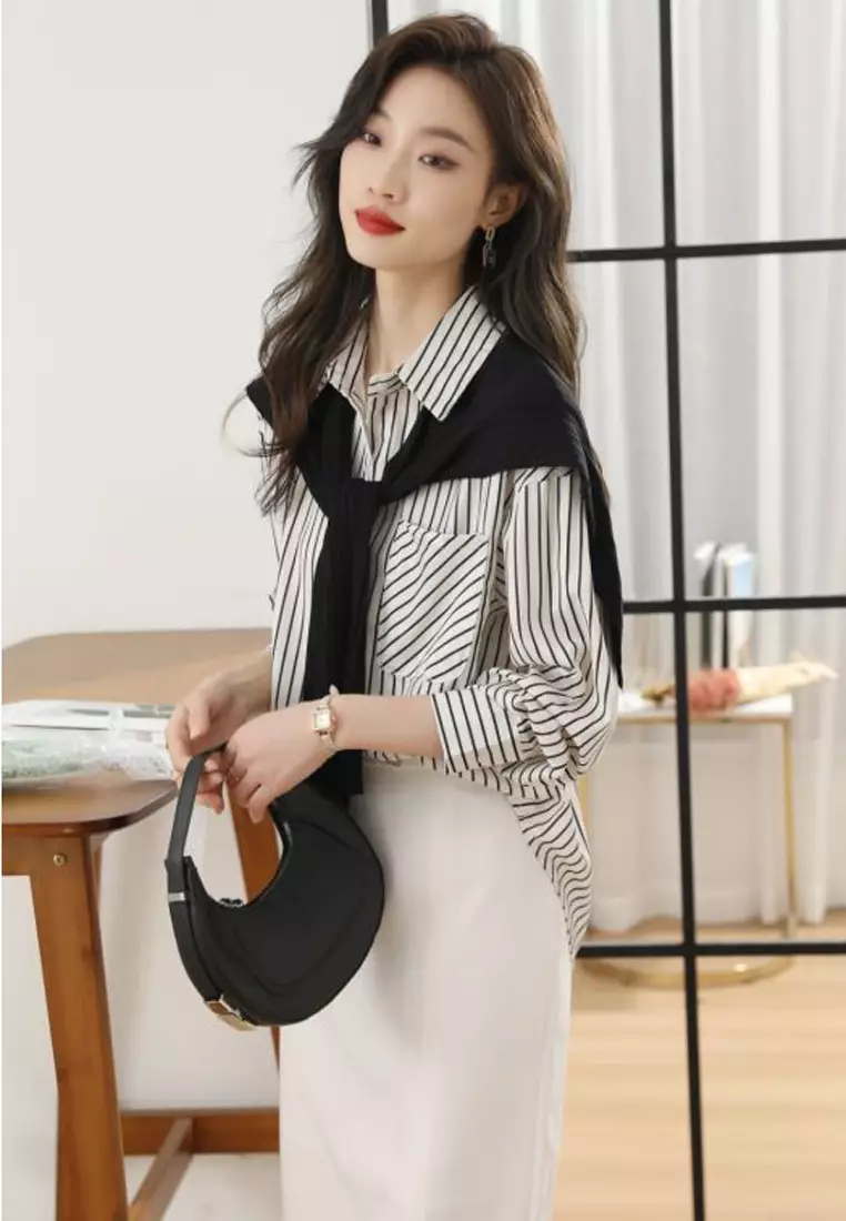 Striped Long Sleeves Shirt With Scarf (2pcs)
