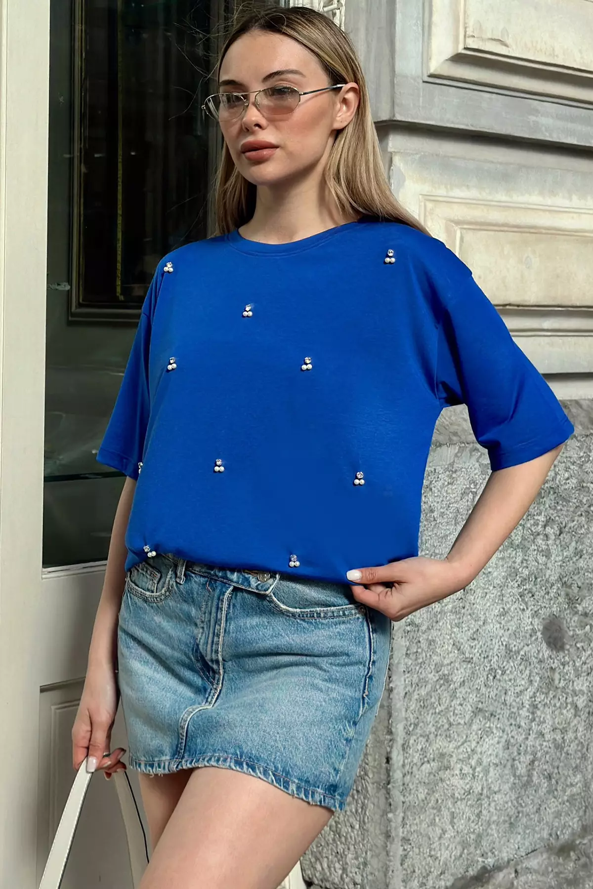 Oversize Pearl & Stone Embroidered T-Shirt