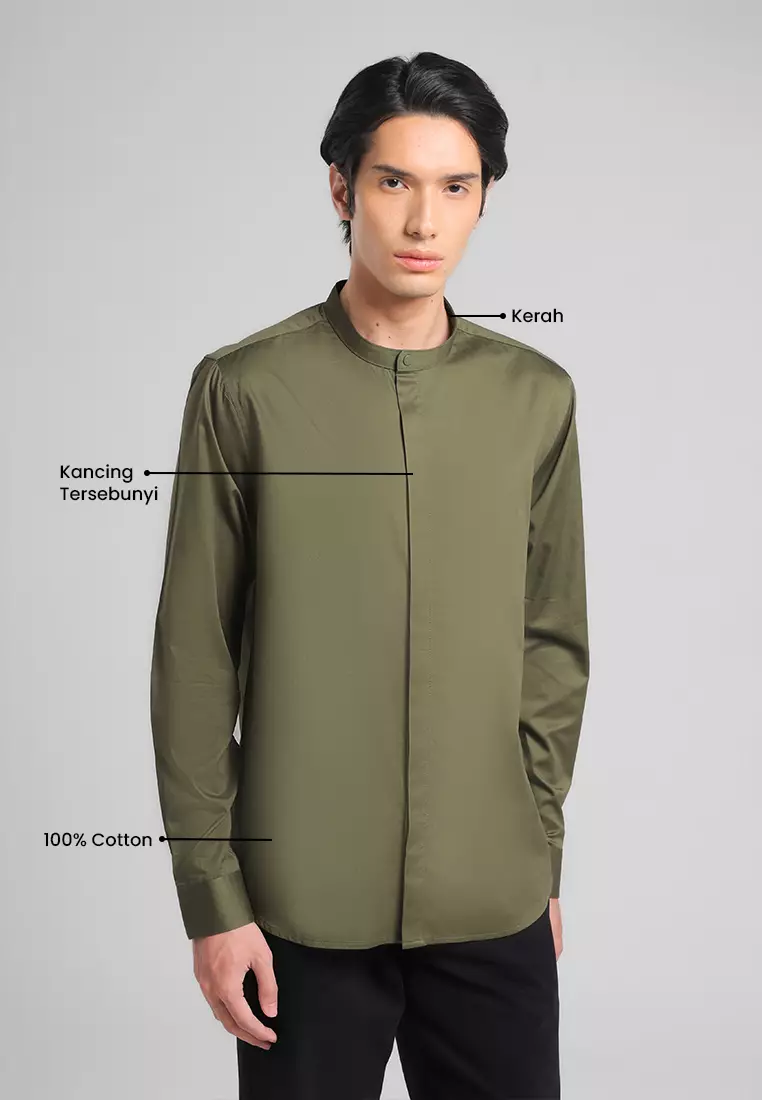 MANZONE X Adipati Dolken - Kemeja Koko Shanghai Lengan Panjang Pria Suttan Modern Fit - Olive Warna Olive