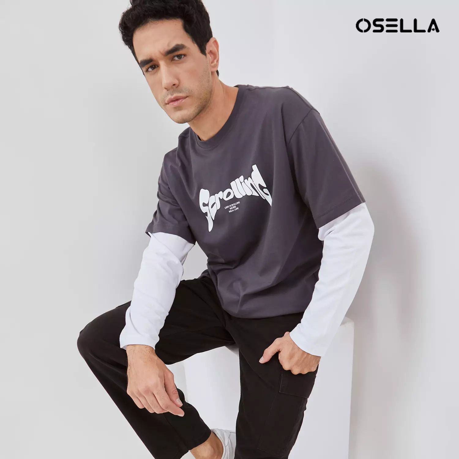 [NEW] Osella Wonsik Long Double Sleeve T-Shirt In Dark Grey 2077400193 | Kaos Lengan Panjang Pria