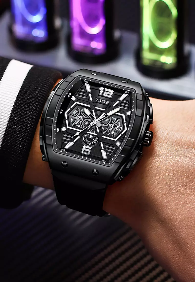 Unisex Tonneau Shaped IP Black Quartz Watch on Rubber Strap