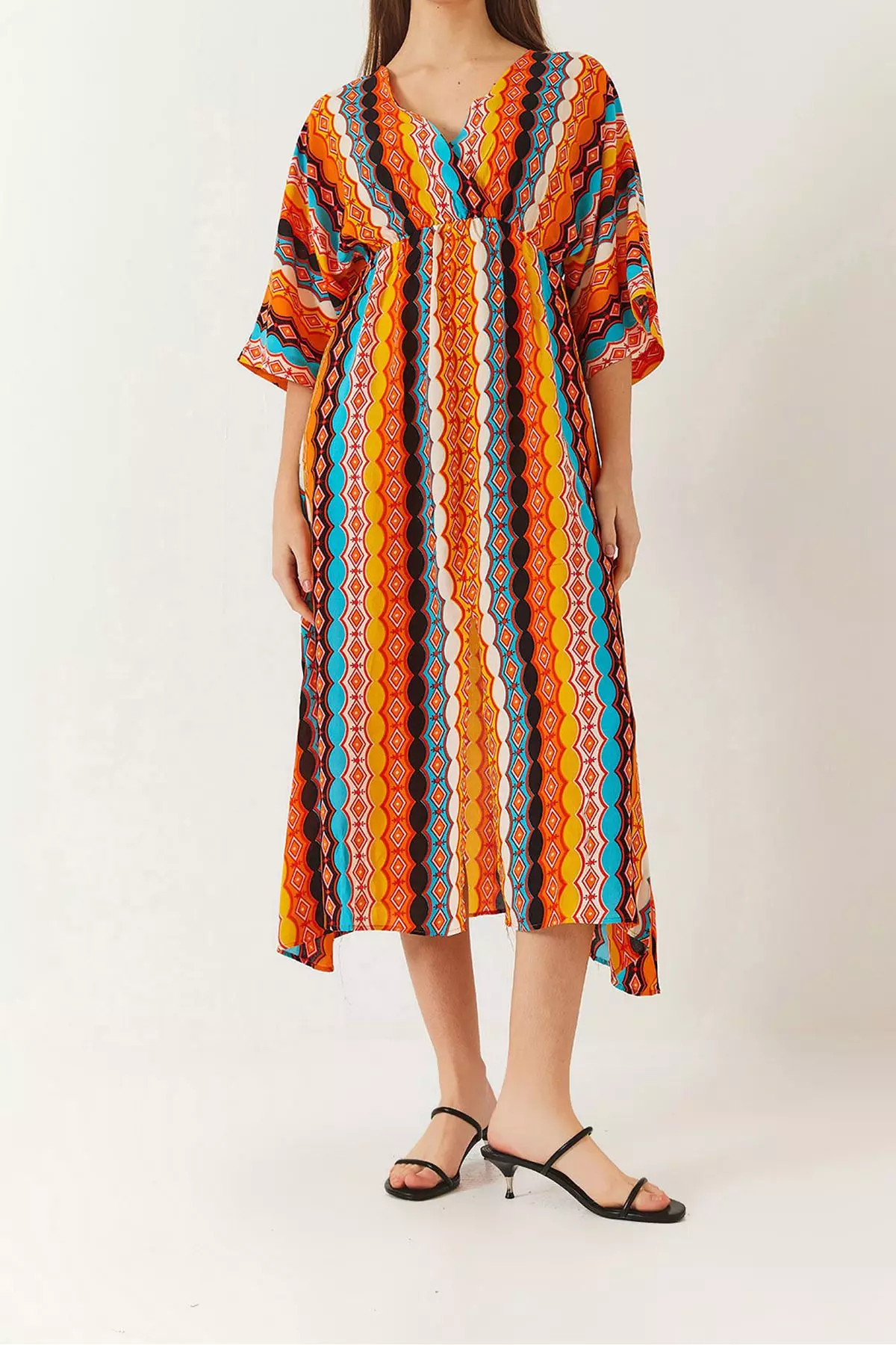 Women's Double Breasted V Neck Front Slit Detail Print Dress 60261411