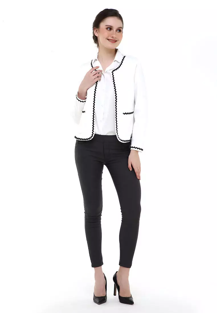 Qemsya Jas Blazer Wanita Lace Motives Formal Longsleeve Suit Material Scuba ORIGINAL - White